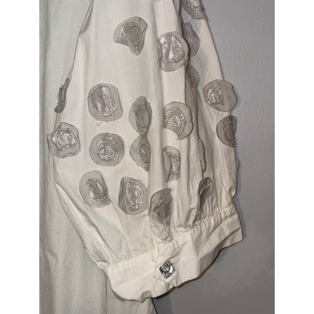 BIYA White Cotton Dress pockets XL Silver 3D Applique Rhinestone Button Pocket - Picture 6 of 10